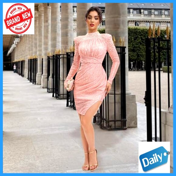 Long Sleeve Sequin Mock Neck Backless Bodycon Prom Cocktail Party Dress - Picture 4 of 6